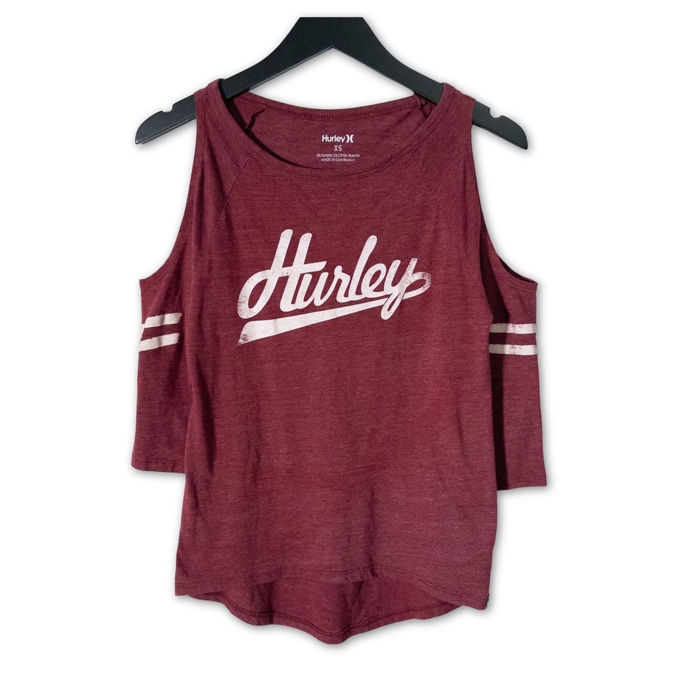 Hurley Cold Shoulder Graphic Top Women XS Surfcore Skater Y2K Style Burgundy